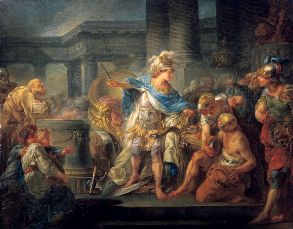 Relief carving of Alexander cutting the Gordian Knot