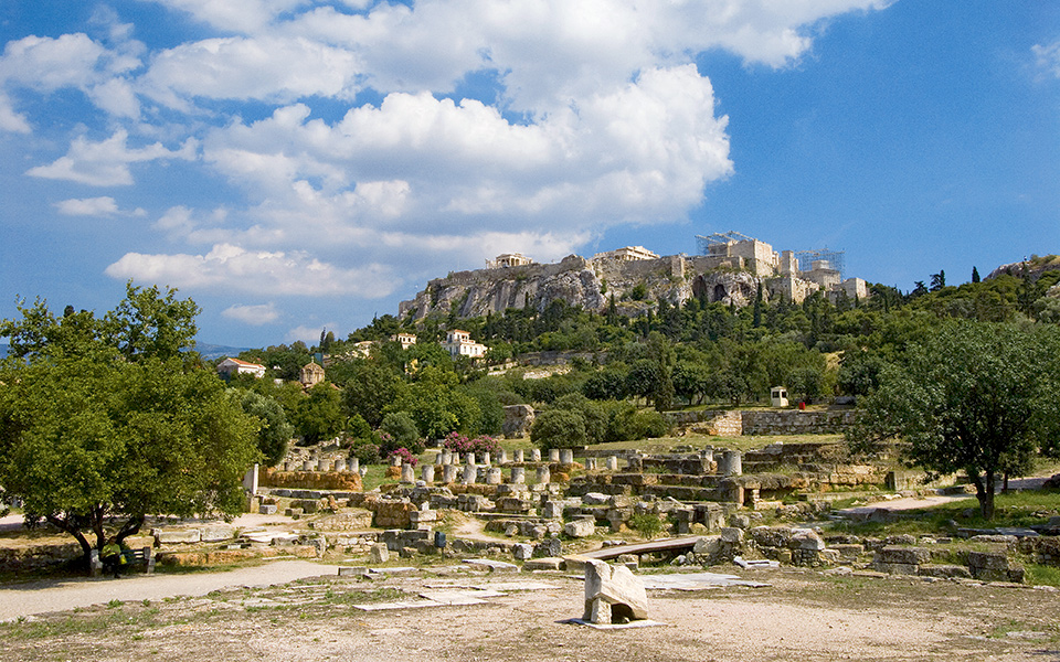Ruins of the Athenian Agora with Acropolis in background