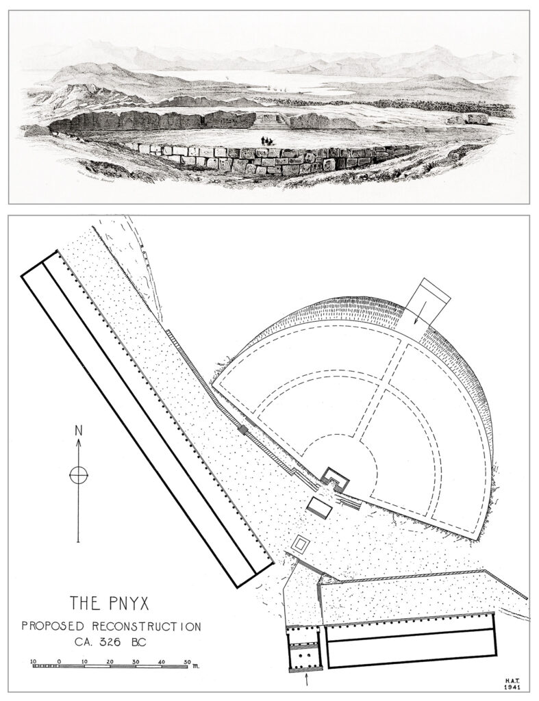 Overhead reconstruction map showing speaker’s platform, seating embankment, and city walls