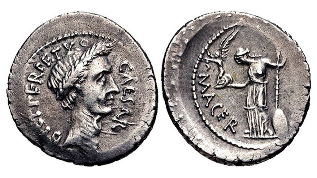Silver denarius of Julius Caesar minted 44 BC with laureate portrait and Venus Victrix reverse