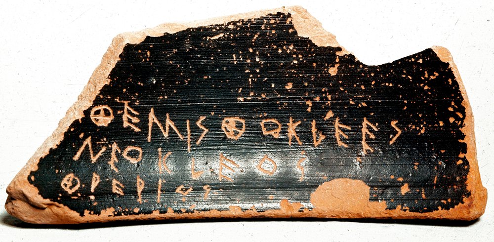 Black‑figure ostrakon inscribed with Themistocles’ name, 5th century BCE