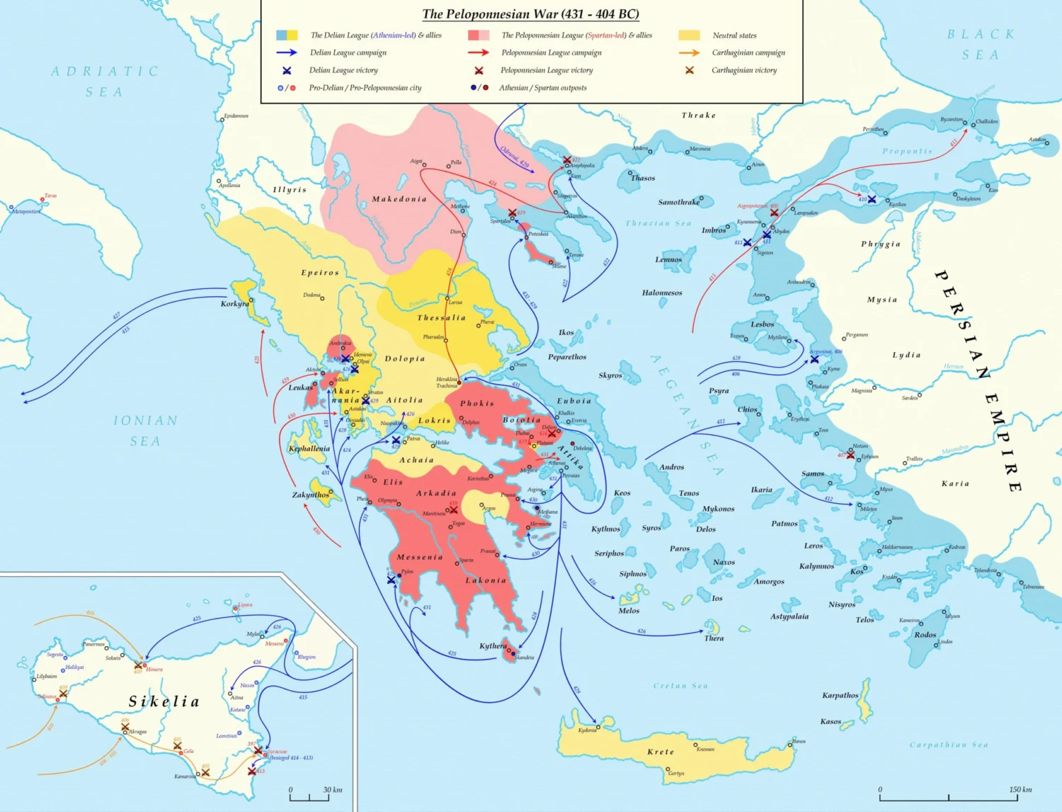 Map of Spartan and Athenian campaigns during the Peloponnesian War