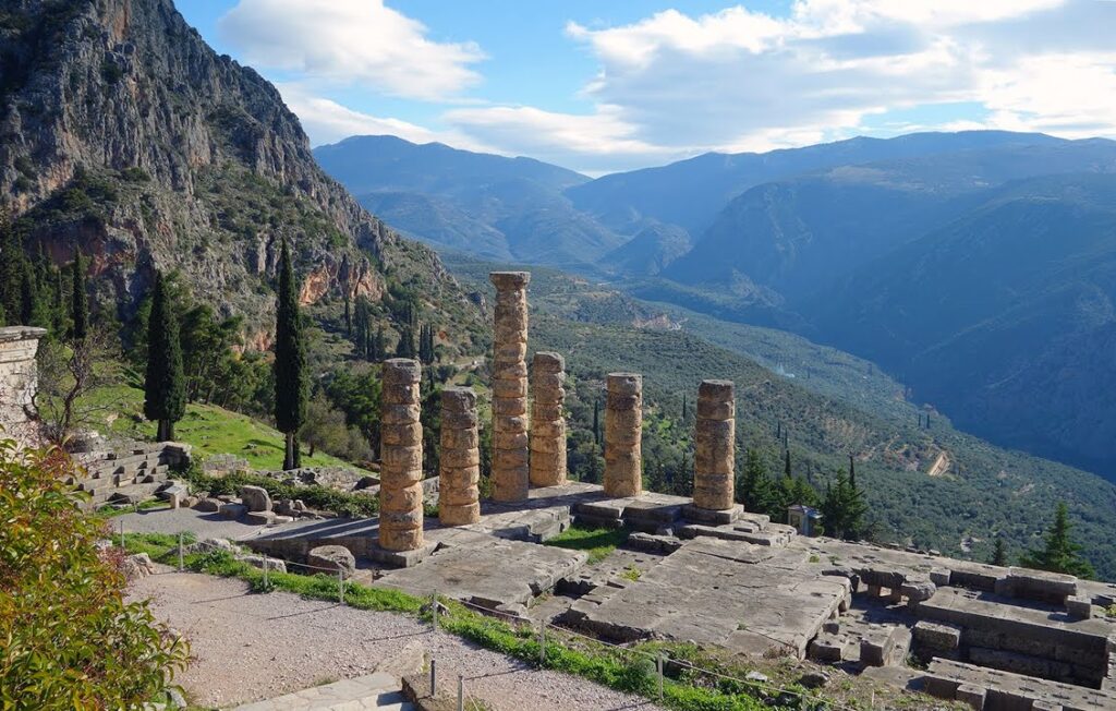 Panoramic view of Delphi’s temple terraces and Parnassus cliffs