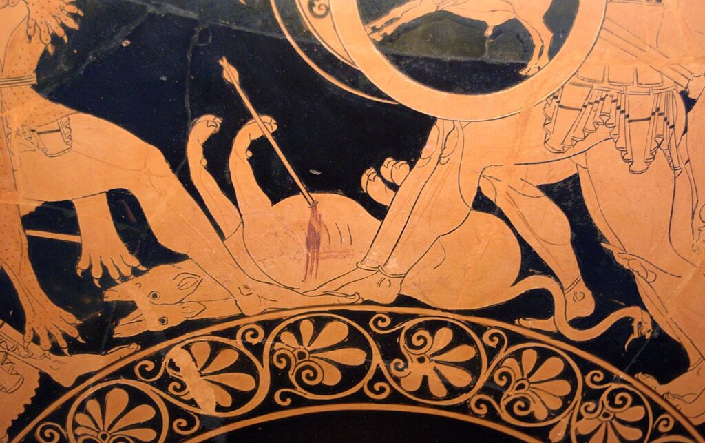 Attic vase detail of Orthrus, the two-headed hound, with Herakles.
