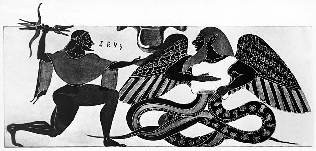 Roman relief of Zeus battling Typhon, winged chaos-giant.