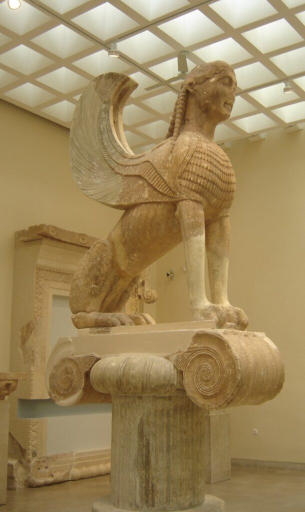 The Naxian Sphinx from Delphi, a colossal guardian on a tall Ionic column.