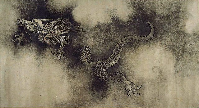 Chinese ink painting of a dragon, coiling through clouds.