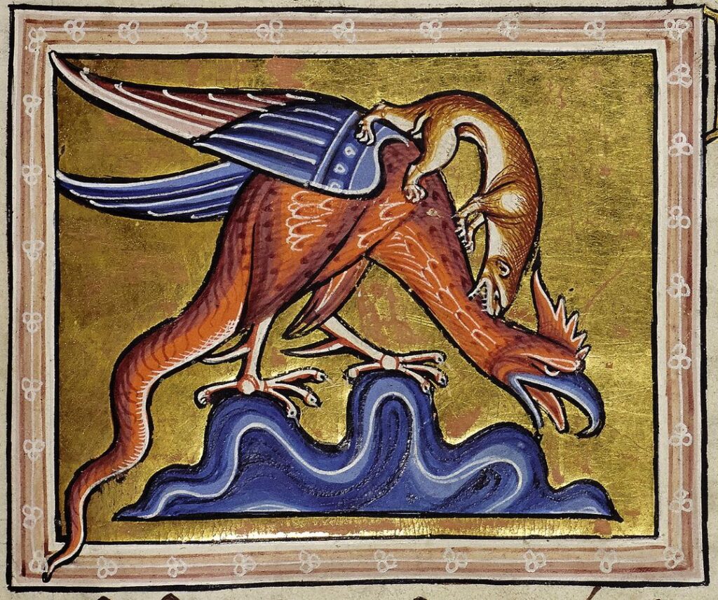 Medieval basilisk from the Aberdeen Bestiary, shown as a crowned serpent.