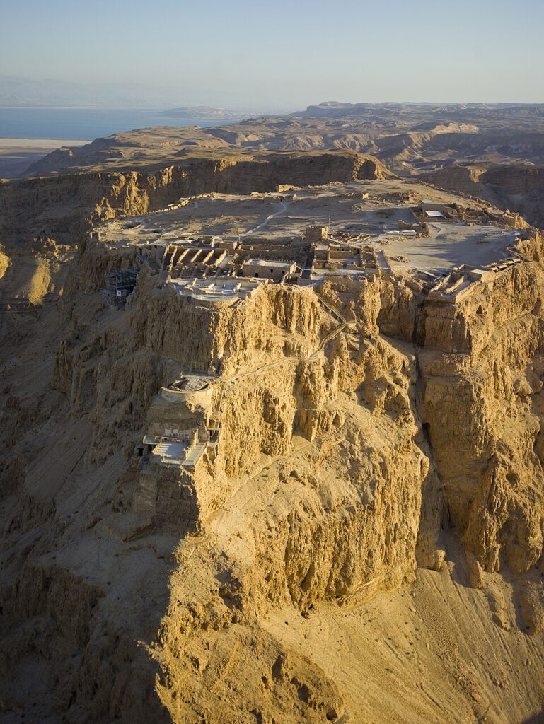 Oblique aerial of Masada showing the plateau and surrounding desert