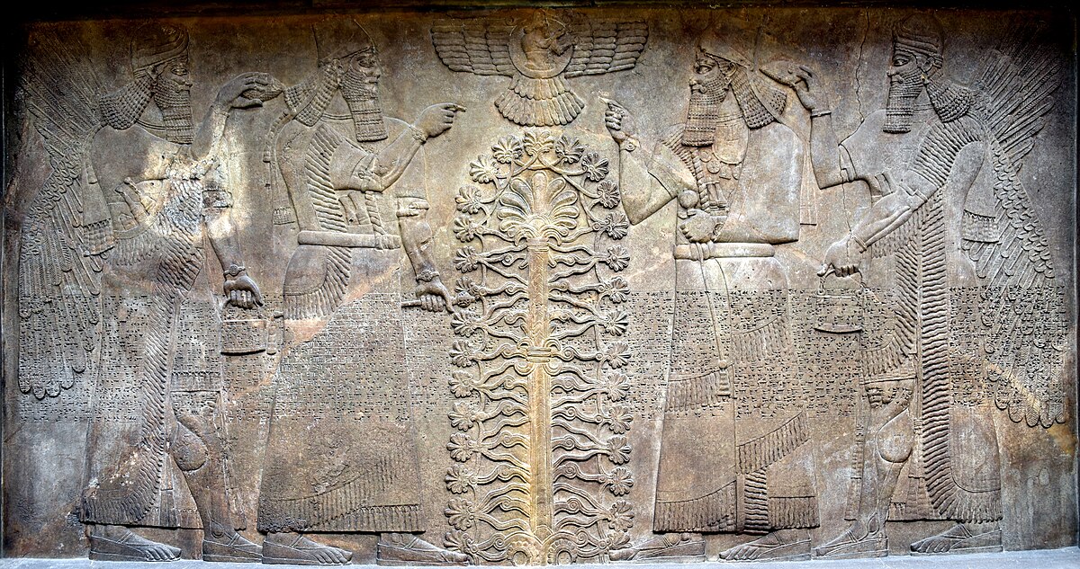 Apkallu performing purification beside a stylised sacred tree.