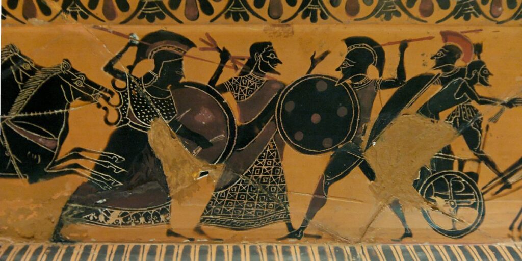 Ares wearing a plumed helmet and holding a spear on an ancient vase