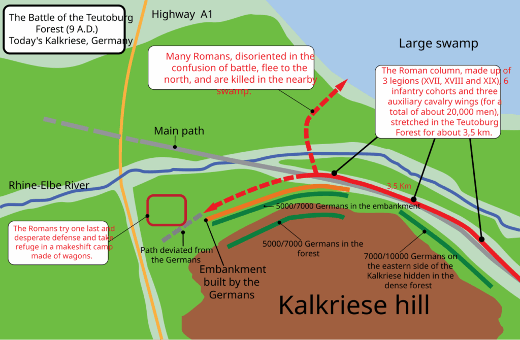 Simplified tactical map of the Roman march and Germanic ambush zones.