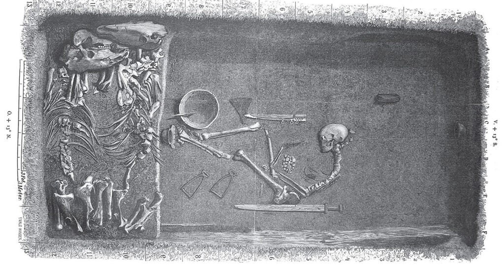 Historic plan of the Viking grave Bj 581 in Birka, showing a weapon-rich chamber burial later confirmed to be female by DNA.