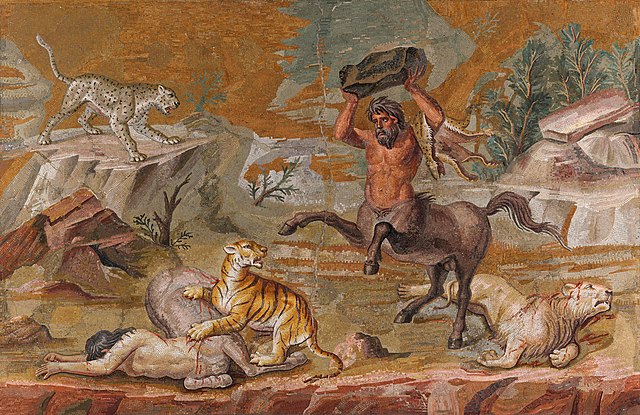 Roman mosaic of centaurs battling wild cats, including lions, tigers, and a leopard, from Hadrian’s Villa at Tivoli.