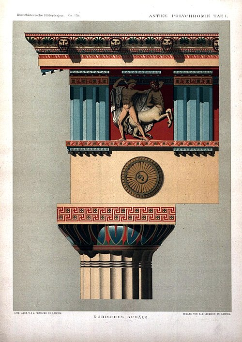 Nineteenth-century plate of a Doric entablature with painted mouldings.