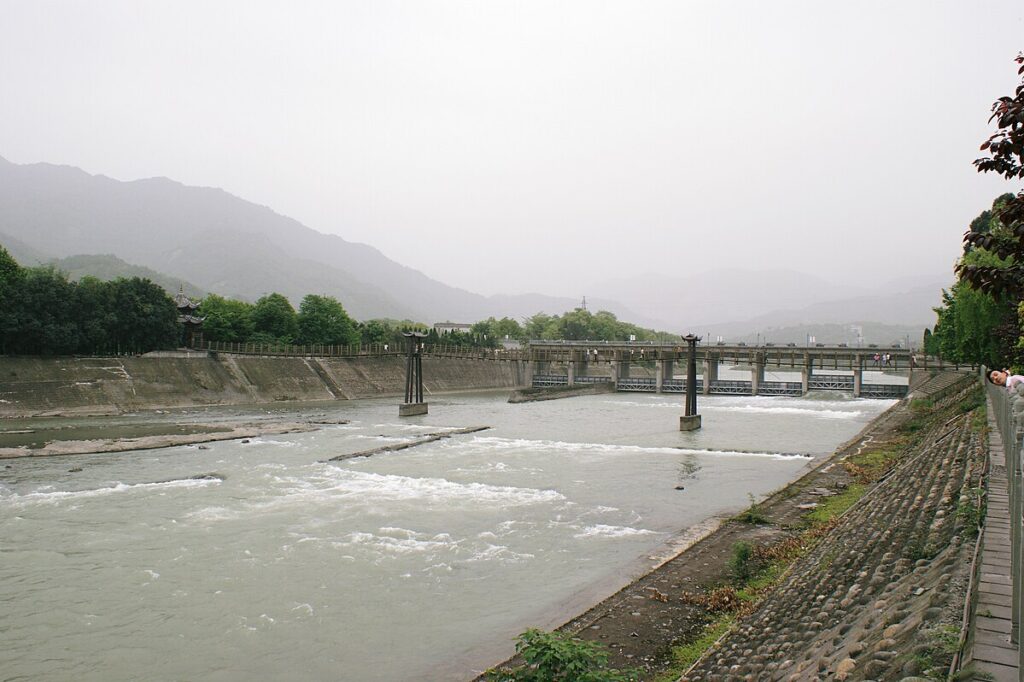 Ancient Infrastructure at Dujiangyan showing levee and channels dividing the Min River