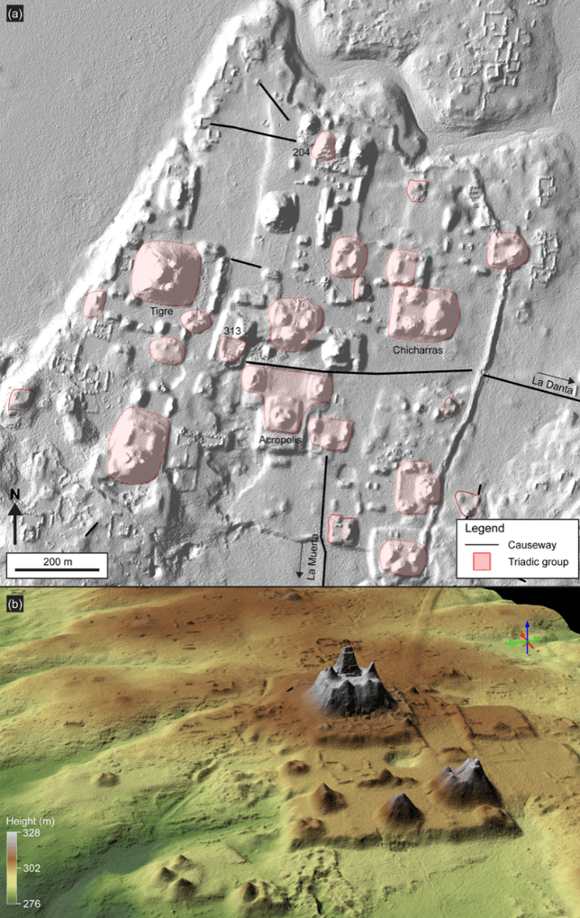 LiDAR visualisation of El Mirador’s civic core with triadic complexes and La Danta sector.