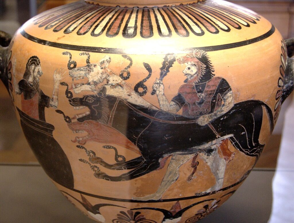 Black-figure hydria showing Herakles with Cerberus and Eurystheus.