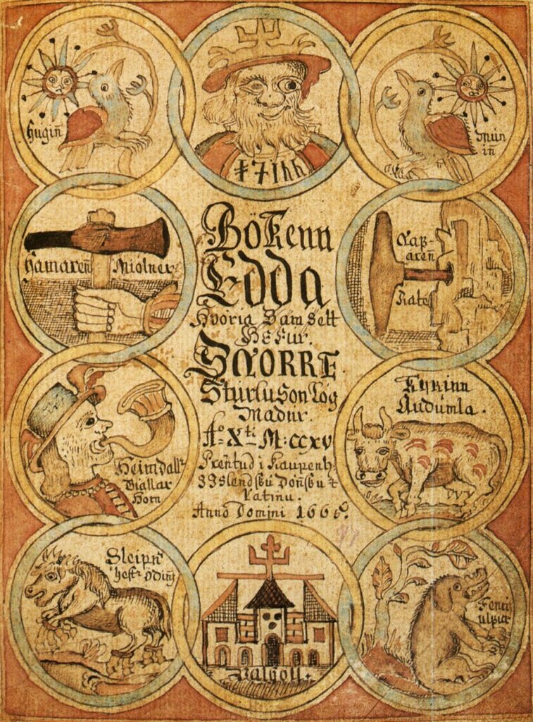 Illustrated scene from the Prose Edda showing contests at Útgarða-Loki’s hall