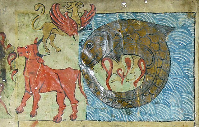 Medieval bestiary image of a giant bird labelled as Ziz.