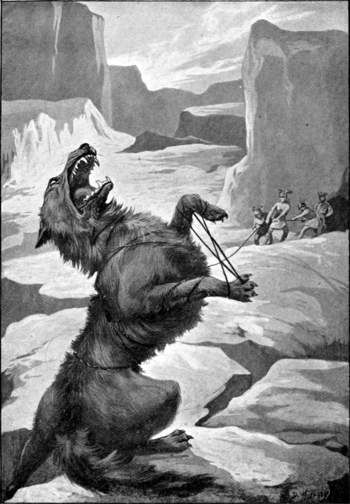 Illustration of the gods binding Fenrir