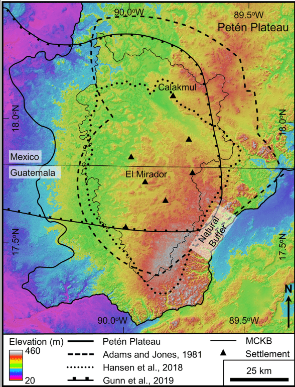 Map showing basin boundaries and karst landforms across northern Petén.