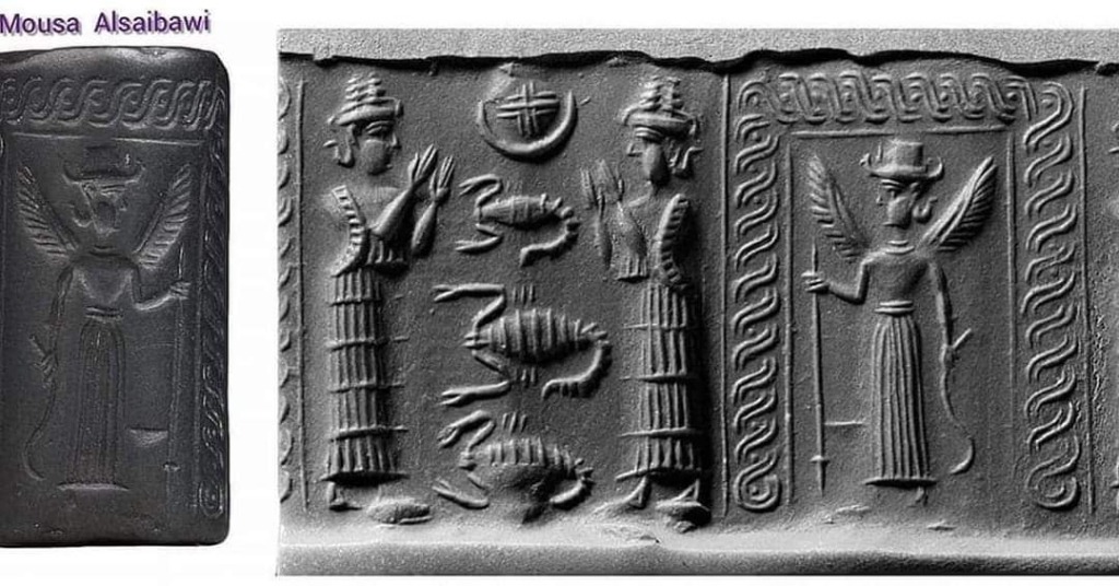 Neo-Babylonian cylinder seal with figures at a gate and possible underworld motifs