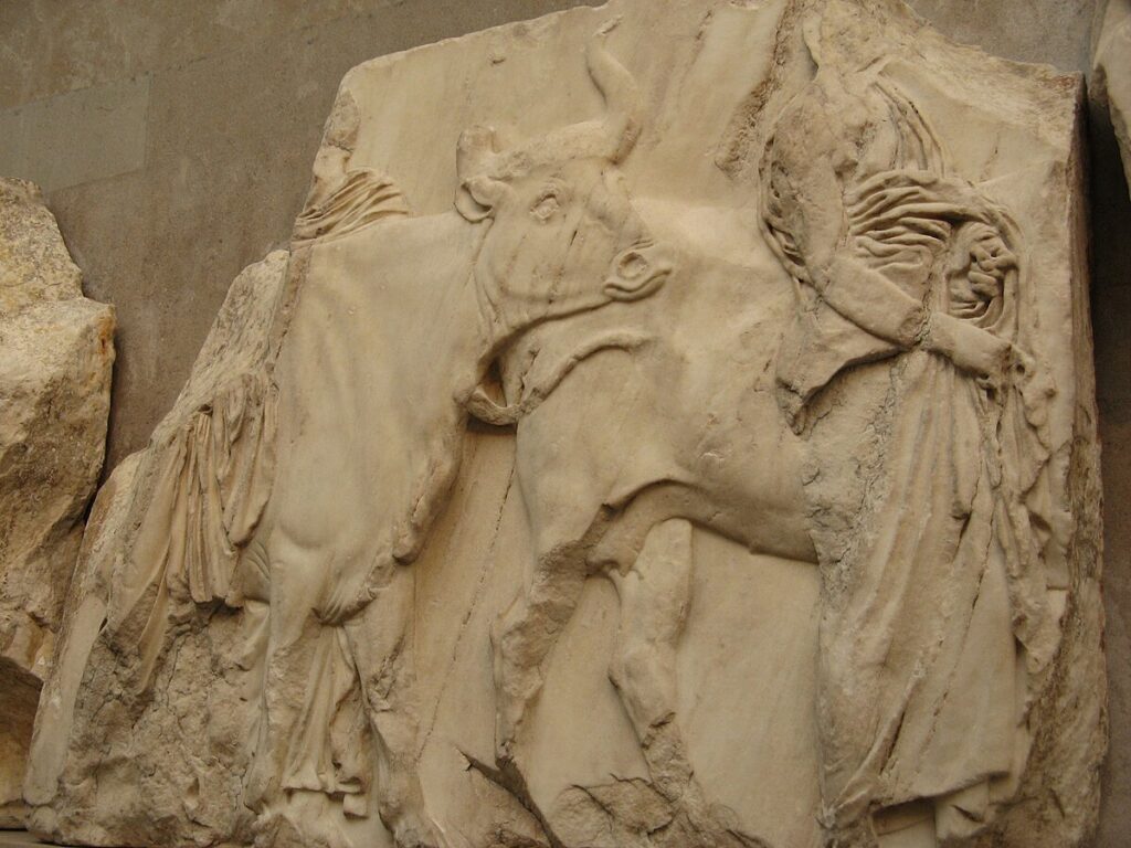 High-resolution image of a Parthenon frieze block with mounted riders.