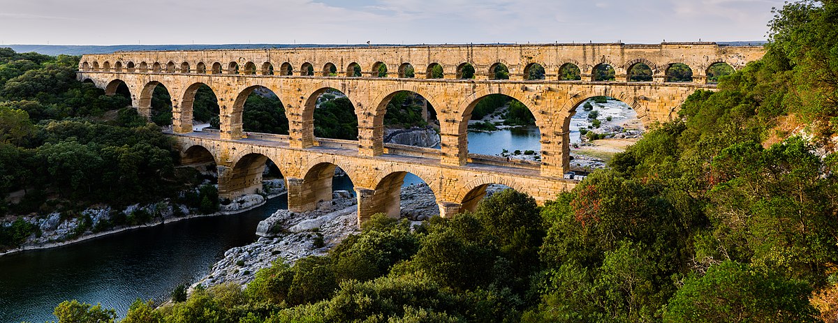 The Pont du Gard aqueduct with three tiers of arches in southern France.