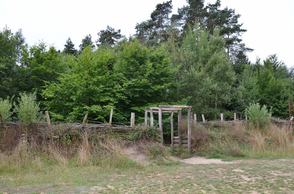 Turf-and-sand rampart reconstruction with boggy ground beside a narrow track.