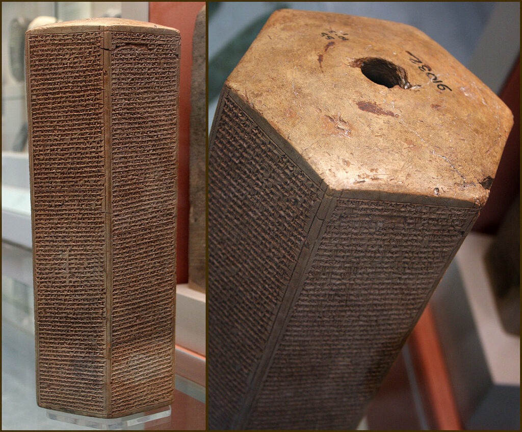 Hexagonal clay prism with cuneiform annals