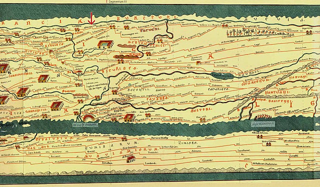 Segment of the Tabula Peutingeriana showing roads, stations, and distances