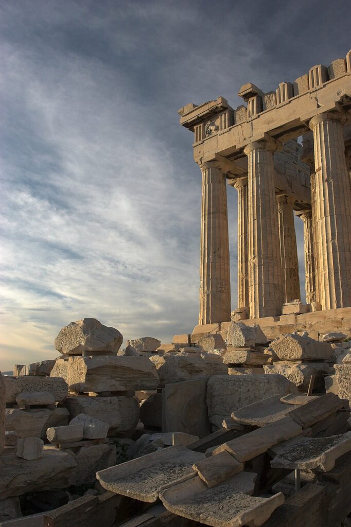 The Parthenon on the Acropolis of Athens with blue sky and scattered clouds