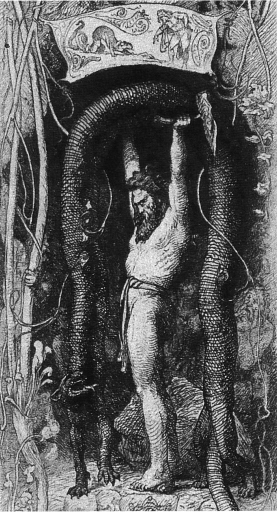 Thor straining to lift Útgarða-Loki’s cat, which is the Midgard Serpent in disguise