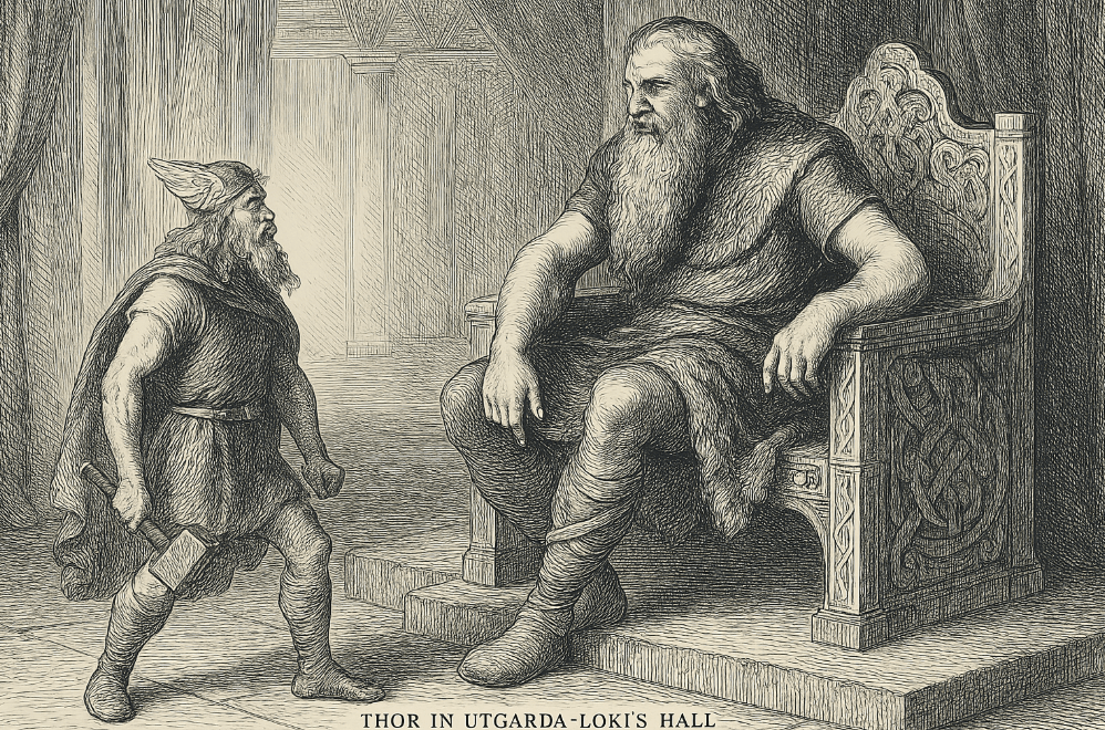 Thor and companions welcomed by Útgarða-Loki in his giant hall