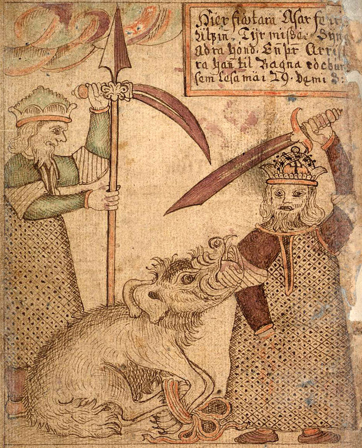 Painting showing Týr losing his hand to Fenrir