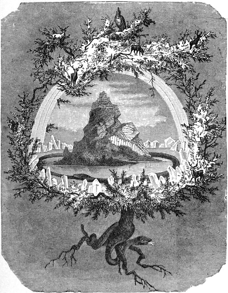 Norse cosmology symbolised by the world tree Yggdrasil with animals and gods around it