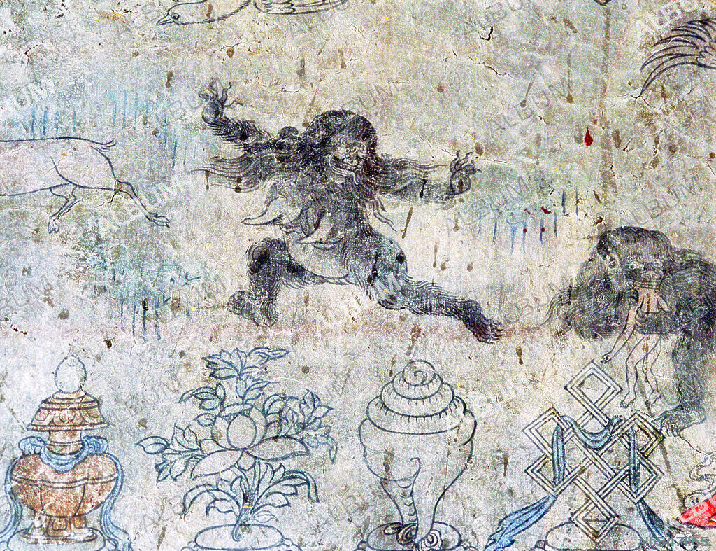 Tibetan mural showing yeti-like migoi figures.